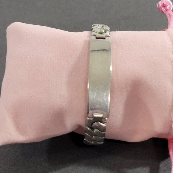 Silver Tone ID Identification Bracelet Unsigned Stretch Nameplate Vintage - Picture 1 of 4